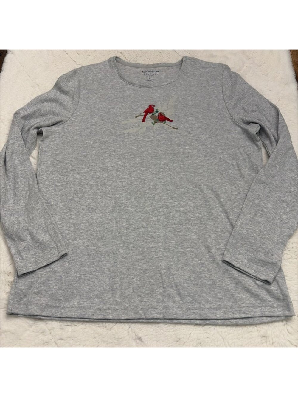 Croft And Barrow Classic Tee Womens Gray Holiday Christmas Cardinal L